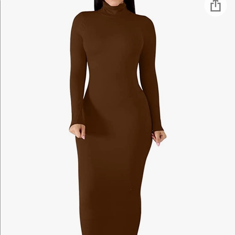 Long sleeve, midi, brown bodycon, turtleneck dress